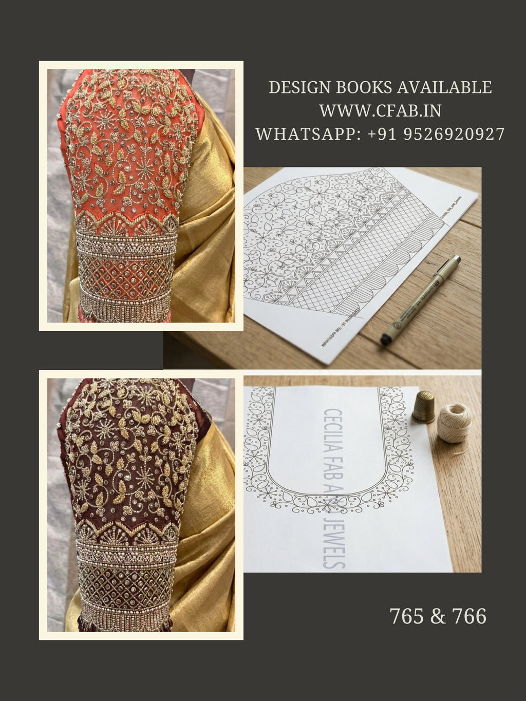 Bridal design Aari Work ,ready to trace .Front, Back Neck  and Sleeve Design (Design No:765 & 766)