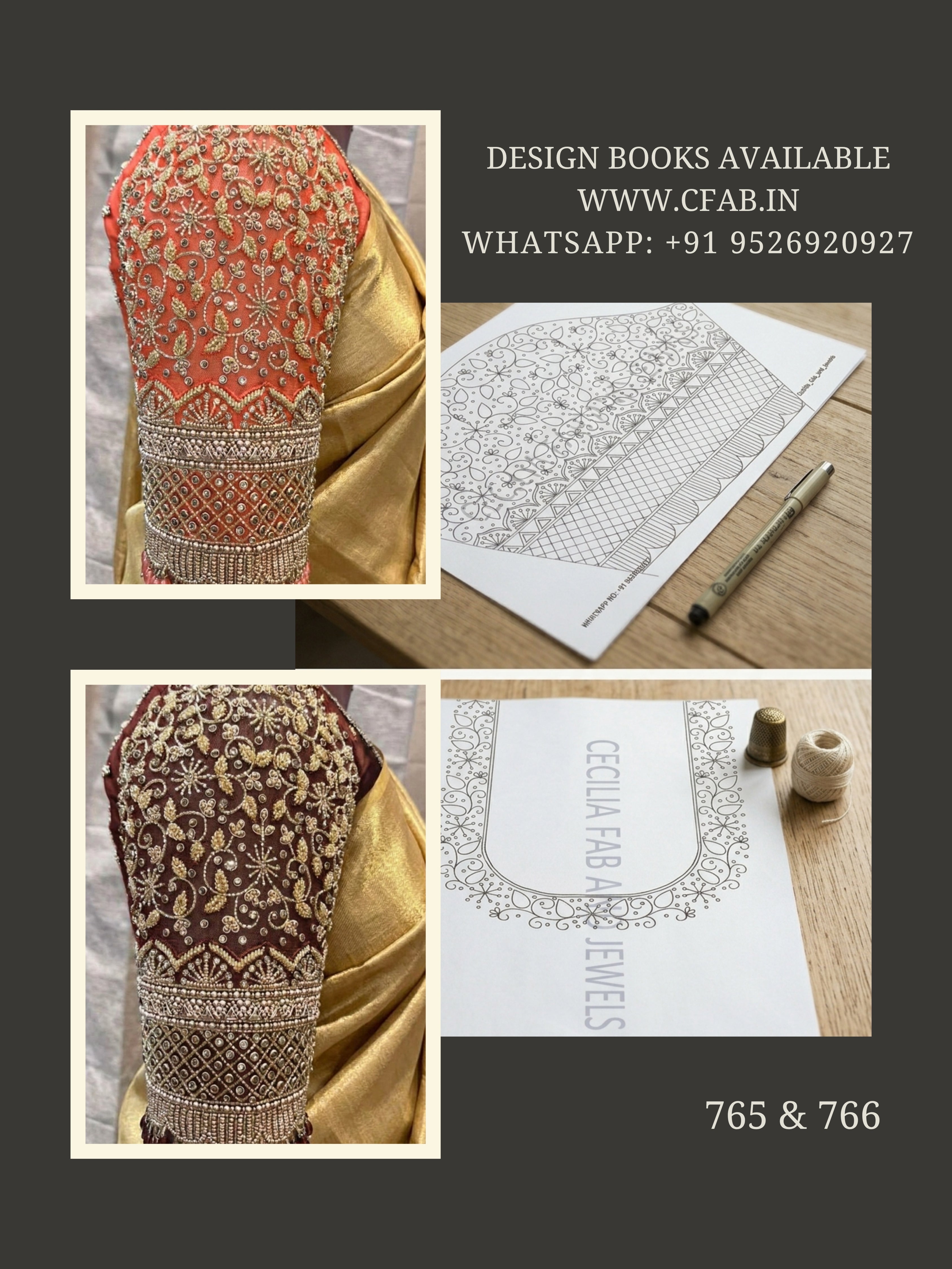 Bridal design Aari Work ,ready to trace .Front, Back Neck  and Sleeve Design (Design No:765 & 766)